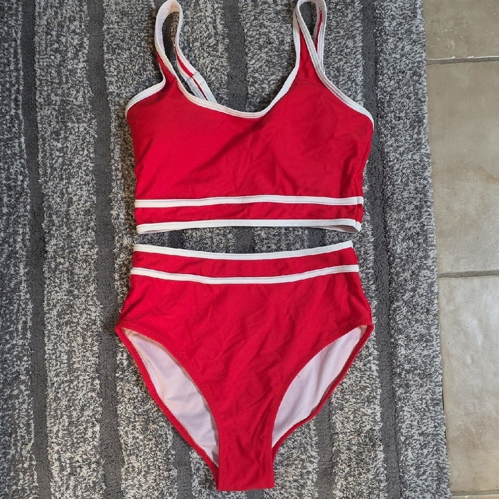 Red Two-Piece Swimsuit with White Trim